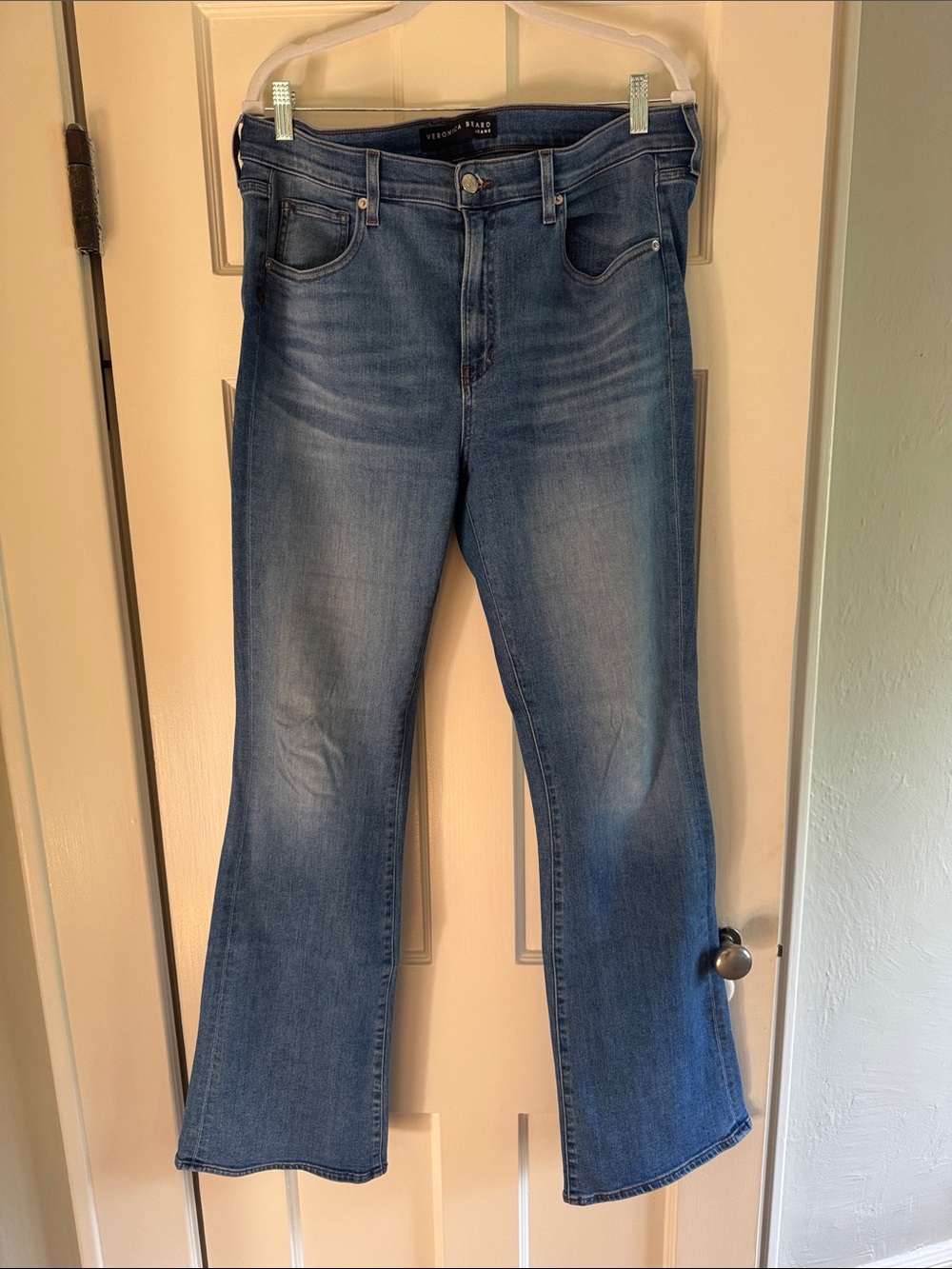 Veronica Beard Beverly Skinny Flare High Rise Jeans in Medium Blue wash